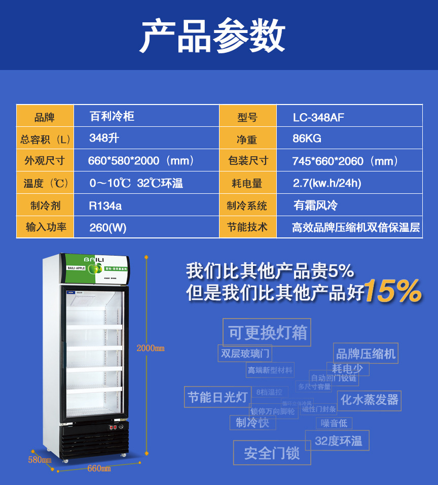 百利LC-348AF立式单门冷藏展示柜 超市便利店保鲜冷藏展示柜