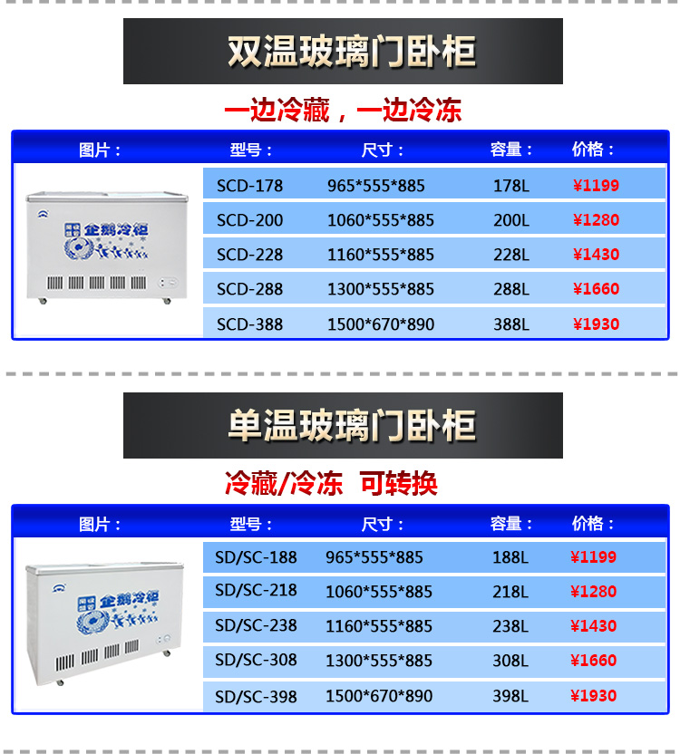 冷柜卧式冰柜便利店展示柜冻柜雪糕冷柜双温玻璃门冷冻冷藏178升