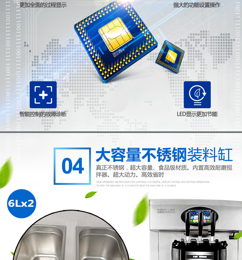 浩博冰淇淋机商用全不锈钢软质冰激凌机器三色甜蛋筒雪糕机全自动