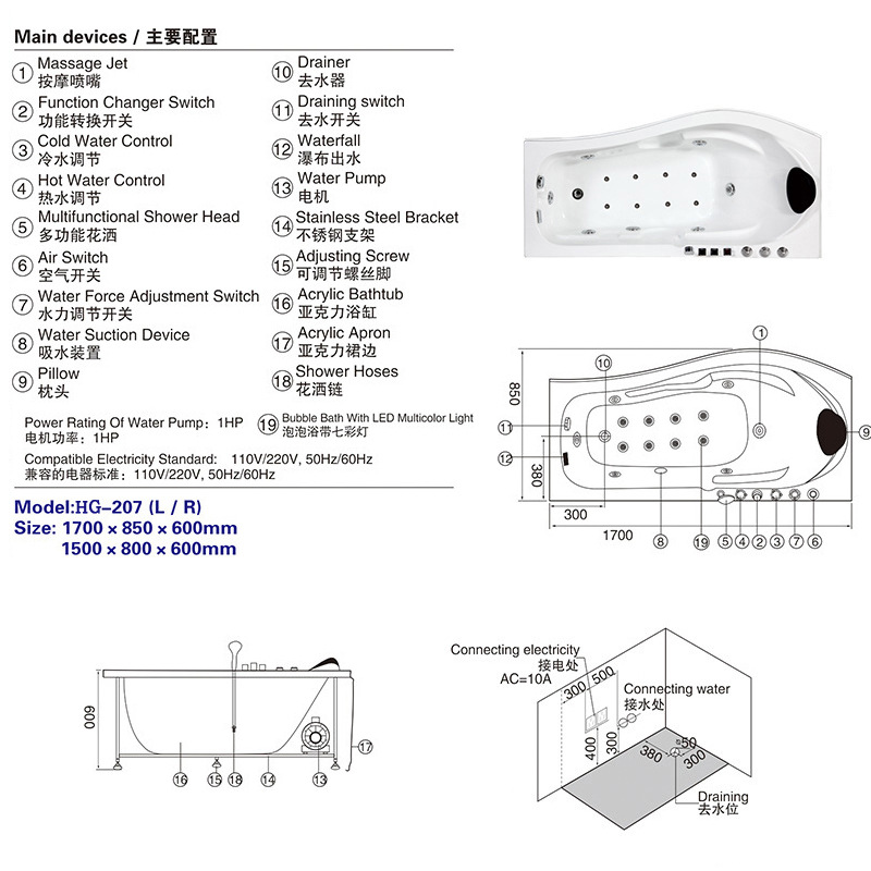厂家 多功能 智能按摩冲浪方浴缸 纯亚克力 酒店/工程/出口/外贸