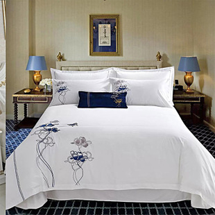 梦思酒店客房布草床上用品纯白全棉贡缎刺绣床单四件套床被批发