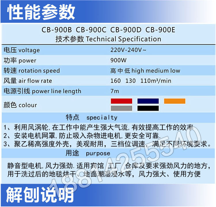 超宝CB900D地面地板强力吹地机吹干机三速拉杆式吹风机 超市酒店