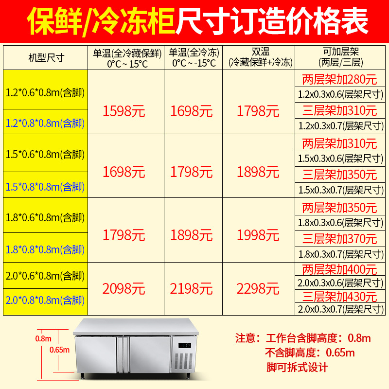 乐创不锈钢冷藏工作台 卧式厨房冰柜 商用酒店保鲜操作台1.8米